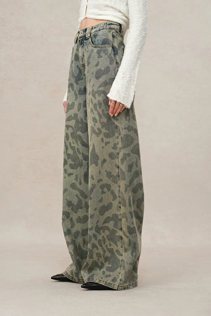 Leopix Leopard Print Wide Leg Jeans In Washed Cotton Denim