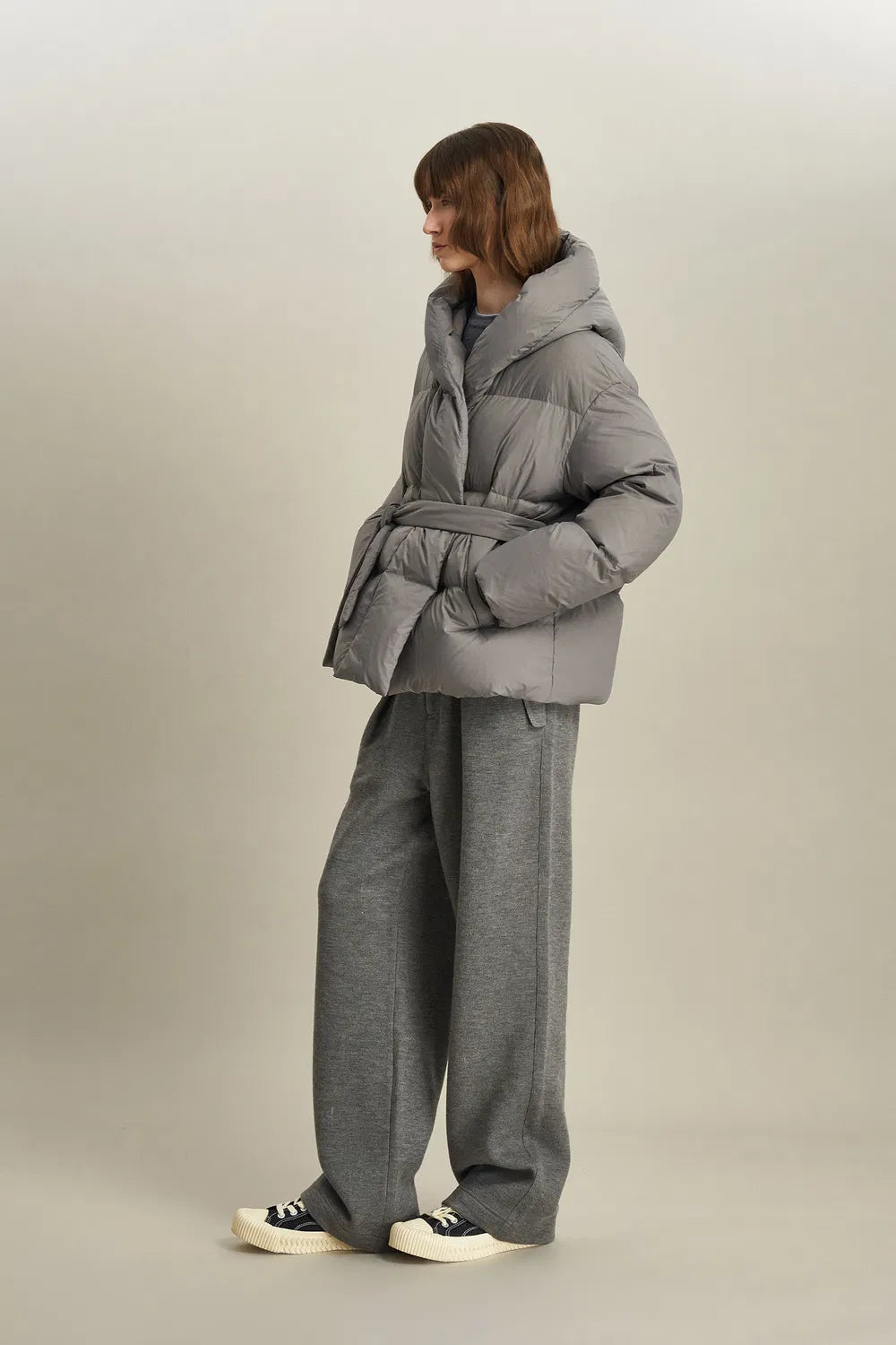 Iliana Gray Belted Hooded White Duck Down Jacket in Ultra Light Fabric