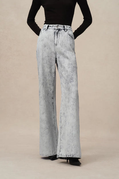 Fiona Wide Leg Jeans in Washed Cotton Denim