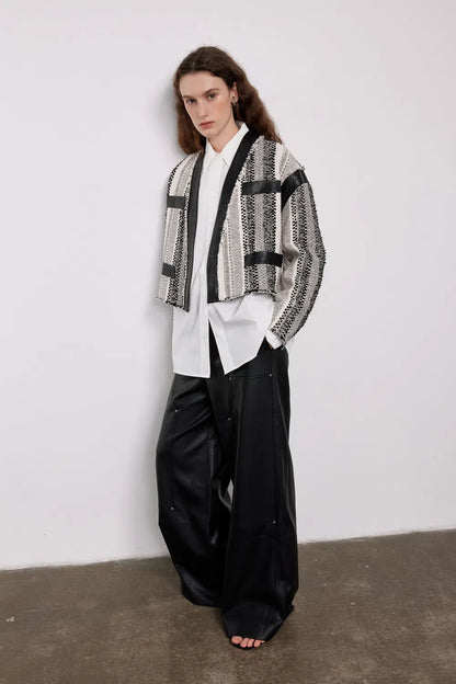 Zhupan Leather-Trimmed Short Coat in Italian Striped Jacquard Tweed