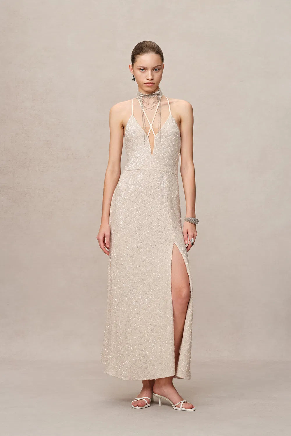 Anita Handcrafted Embellishment Slit Slip Dress in Crystal Sequin Lace