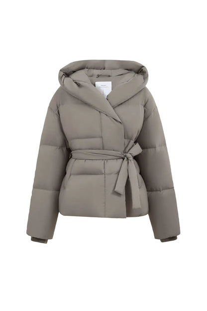 Iliana Gray Belted Hooded White Duck Down Jacket in Ultra Light Fabric