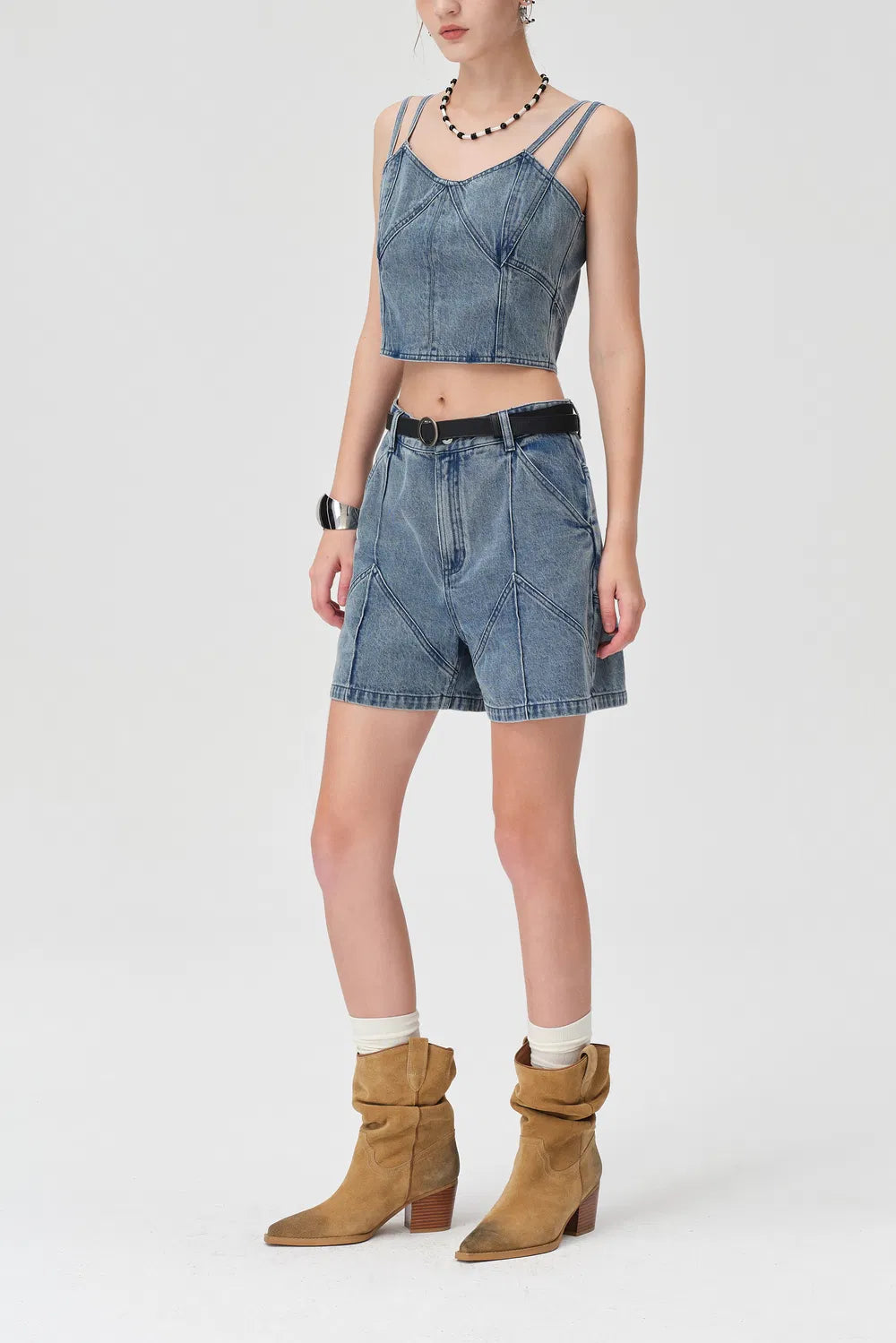 Zoe Duo Strap Patchwork Top in Tencel Lyocell Denim