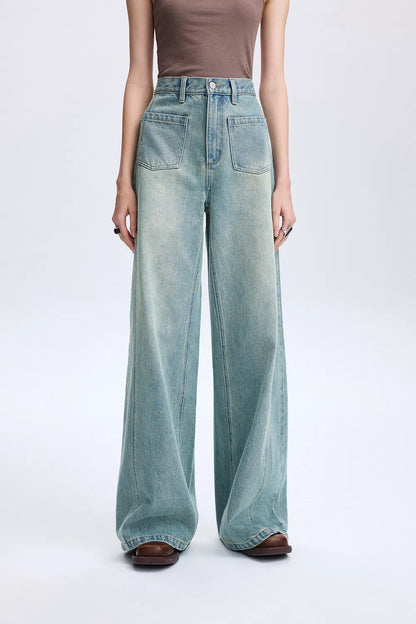 Cheer Patch Pocket Wide Leg Jeans in Washed Cotton Denim