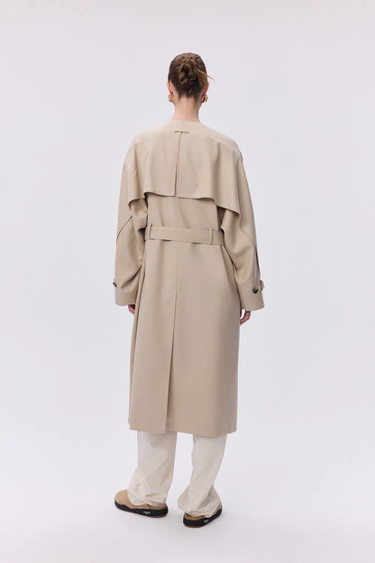 Hilda Single Button Collarless Trench in Wool Fine Twill