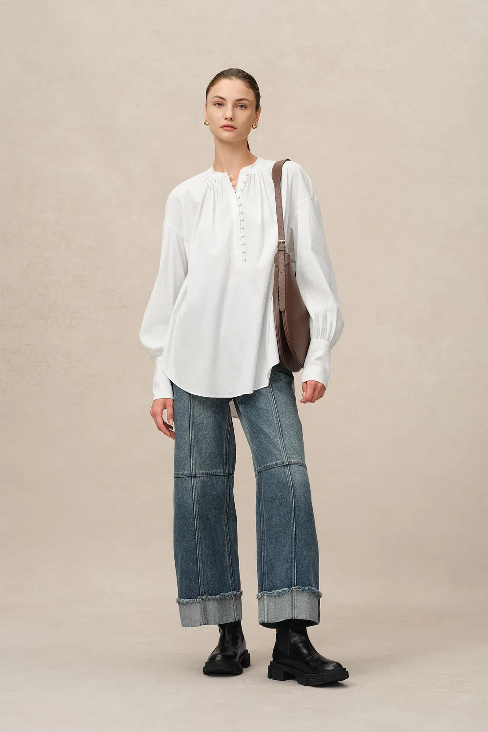 Lila Stand Collar Blouse in Tencel-Cotton