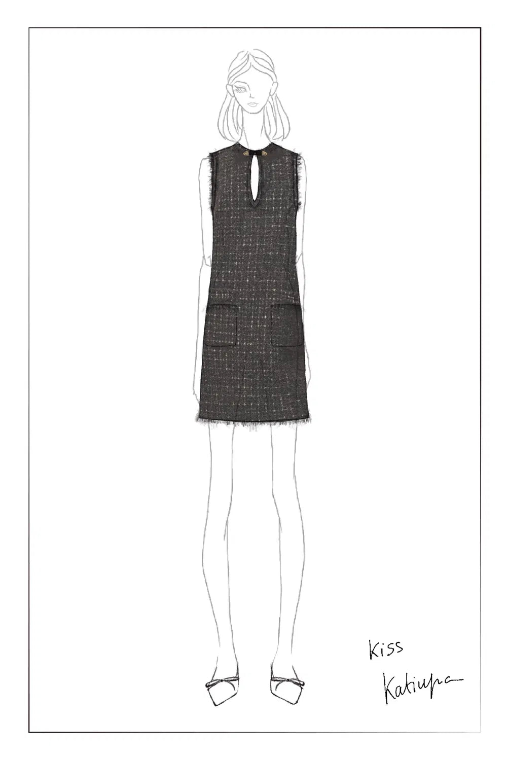 Althea Hand Applied Fringe Floral Dress in Wool Tweed with Metallic Threads