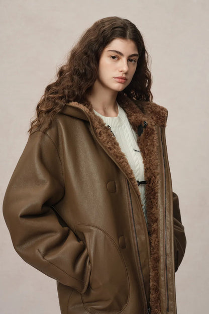 Clémence Shearling Hooded Coat in Vegan Leather and Wool Blend