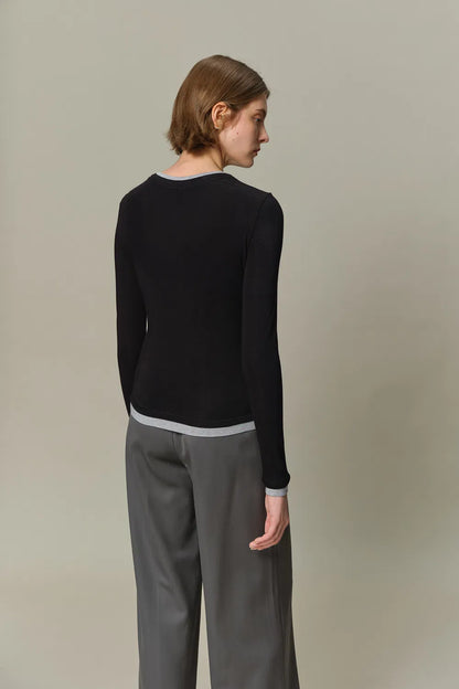 Henley Layered Long Sleeve Top in Tencel-Wool Knit