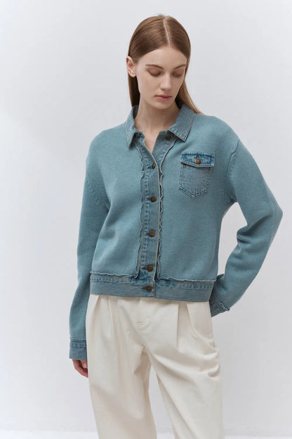 Anemone Blue Knit Jacket in Wool Blend with Denim Accents