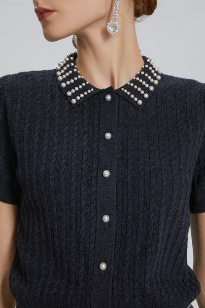 Cassiopea Pearl Embellished Polo Knit Top in Silk Wool Blend