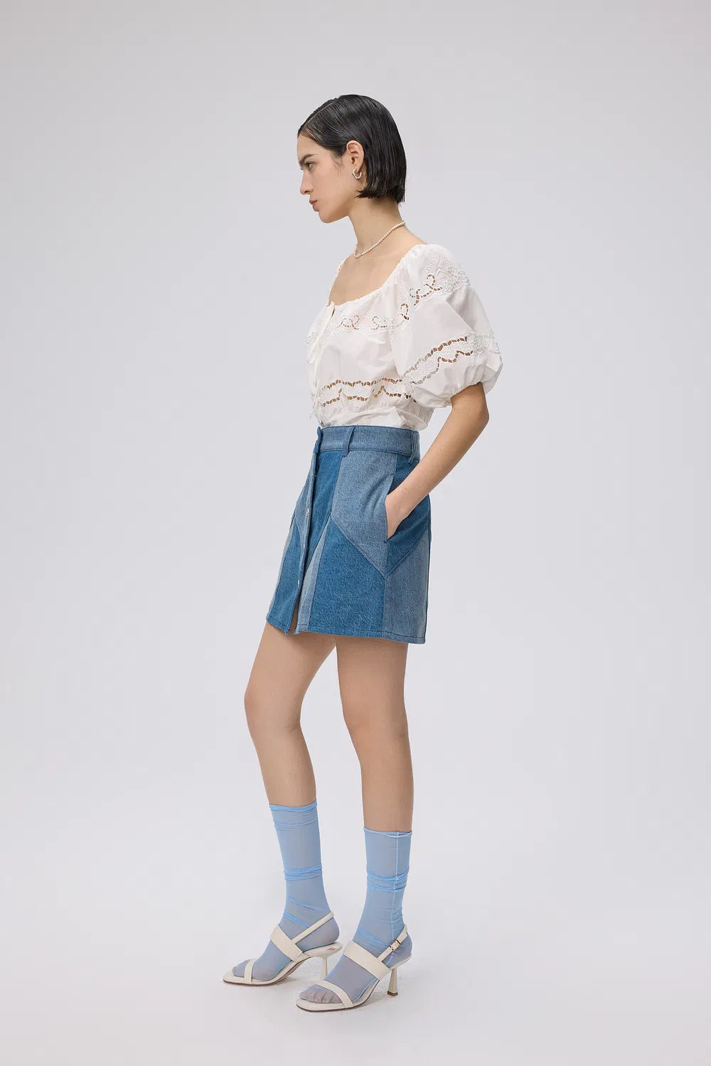 Angie Colorblock Denim Skirt in Tencel Lyocell Blend