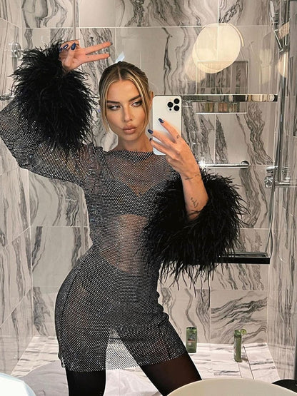 Alevna Metalik Tüy Detaylı Mini Elbise