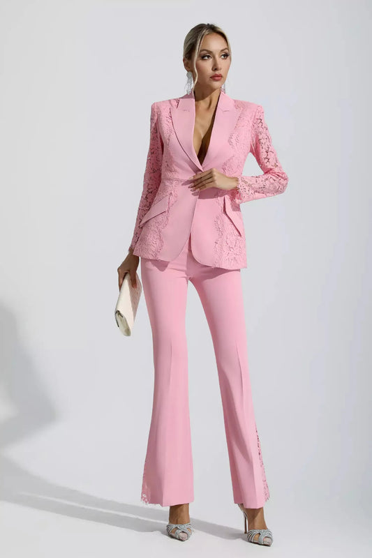 Emory Pembe Çiçekli Dantel Blazer Takım
