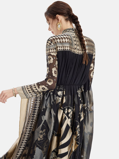 Vintage Siyah Ve Altın Baskılı Batwing Pelerin Elbise