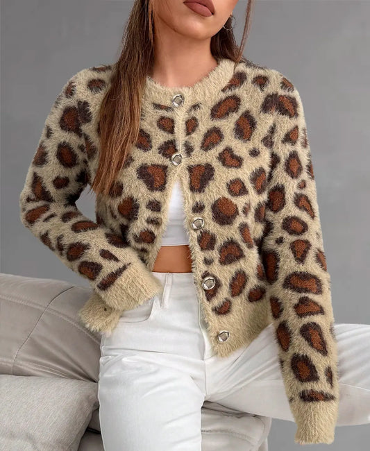 Alevna™ Leopar Desenli Tüylü Triko Hırka