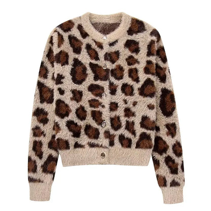 Alevna™ Leopar Desenli Tüylü Triko Hırka