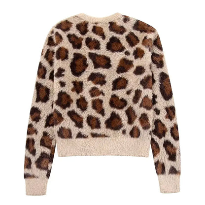 Alevna™ Leopar Desenli Tüylü Triko Hırka