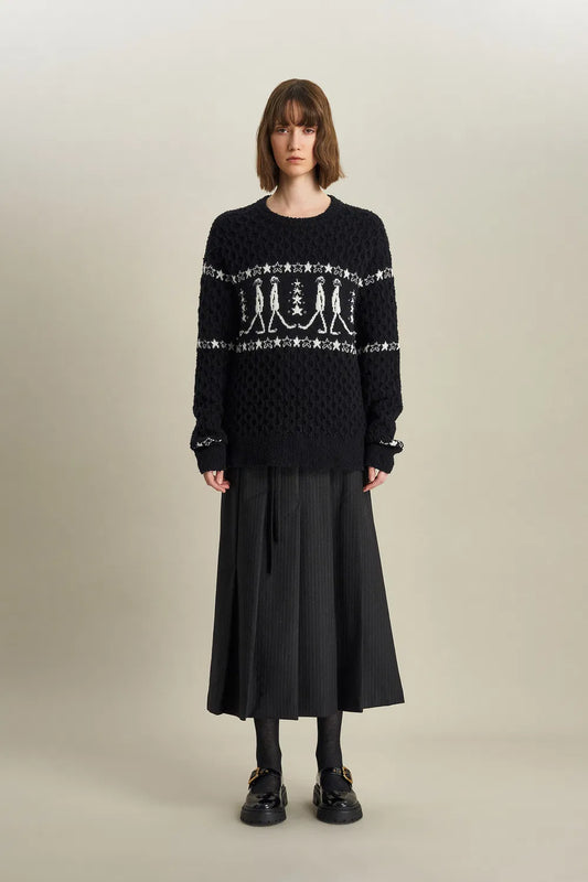 Star Walker Black Fair Isle Pullover in Viscose Wool Pom-Pom Yarn Knit