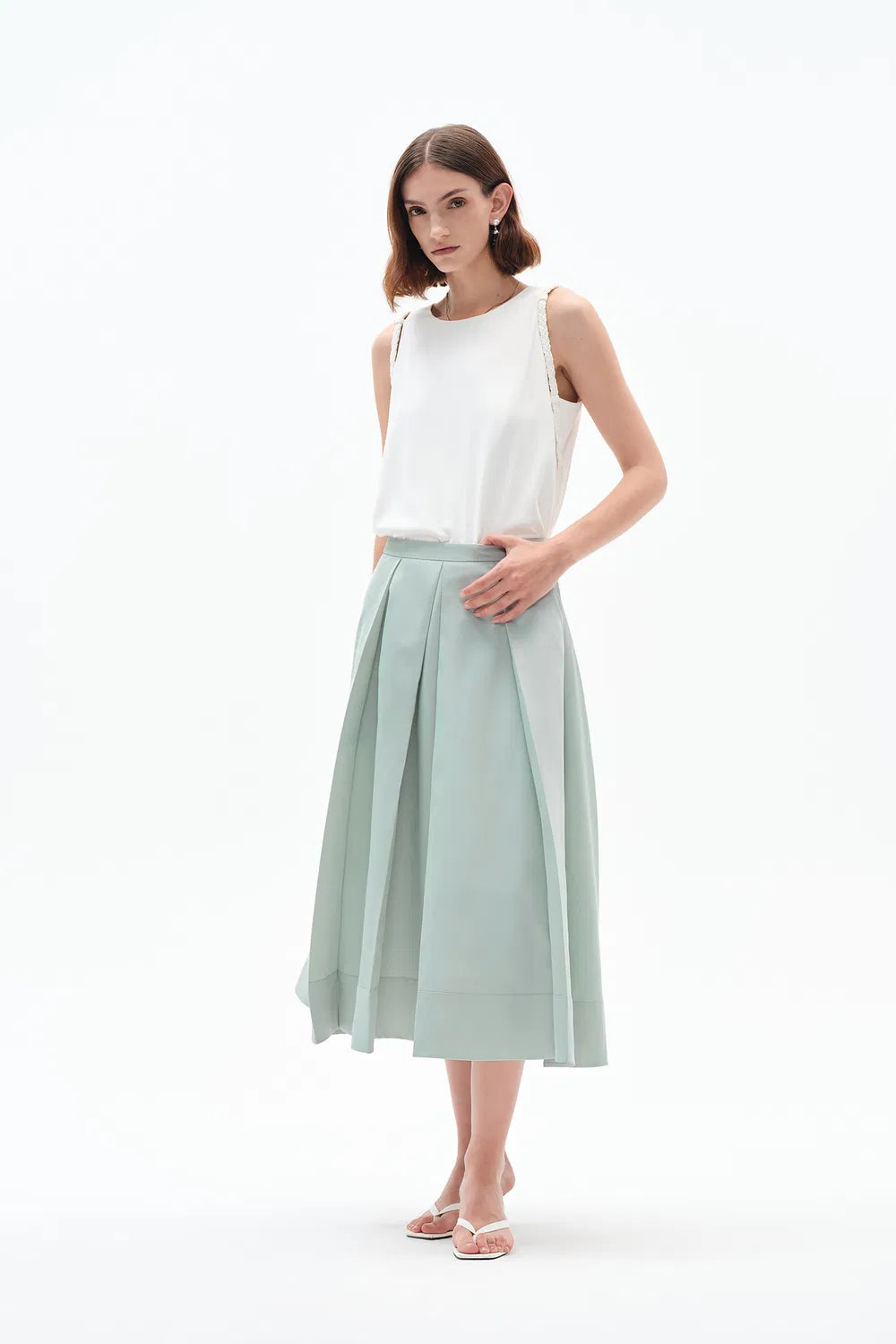 Cici A Line Pleated Flare Skirt in Crystal Flow Satin