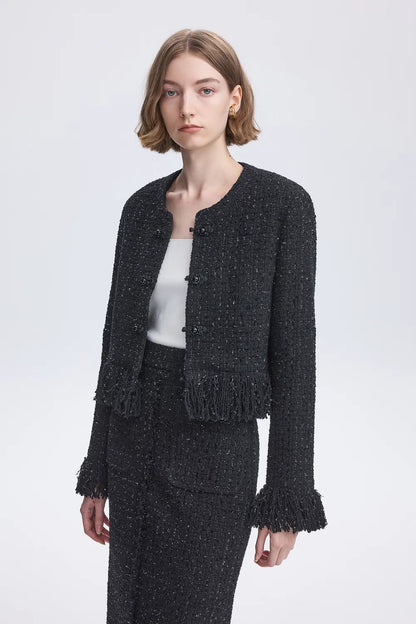 Violette Handcrafted Fringe Jacket in Lambswool Lurex Tweed