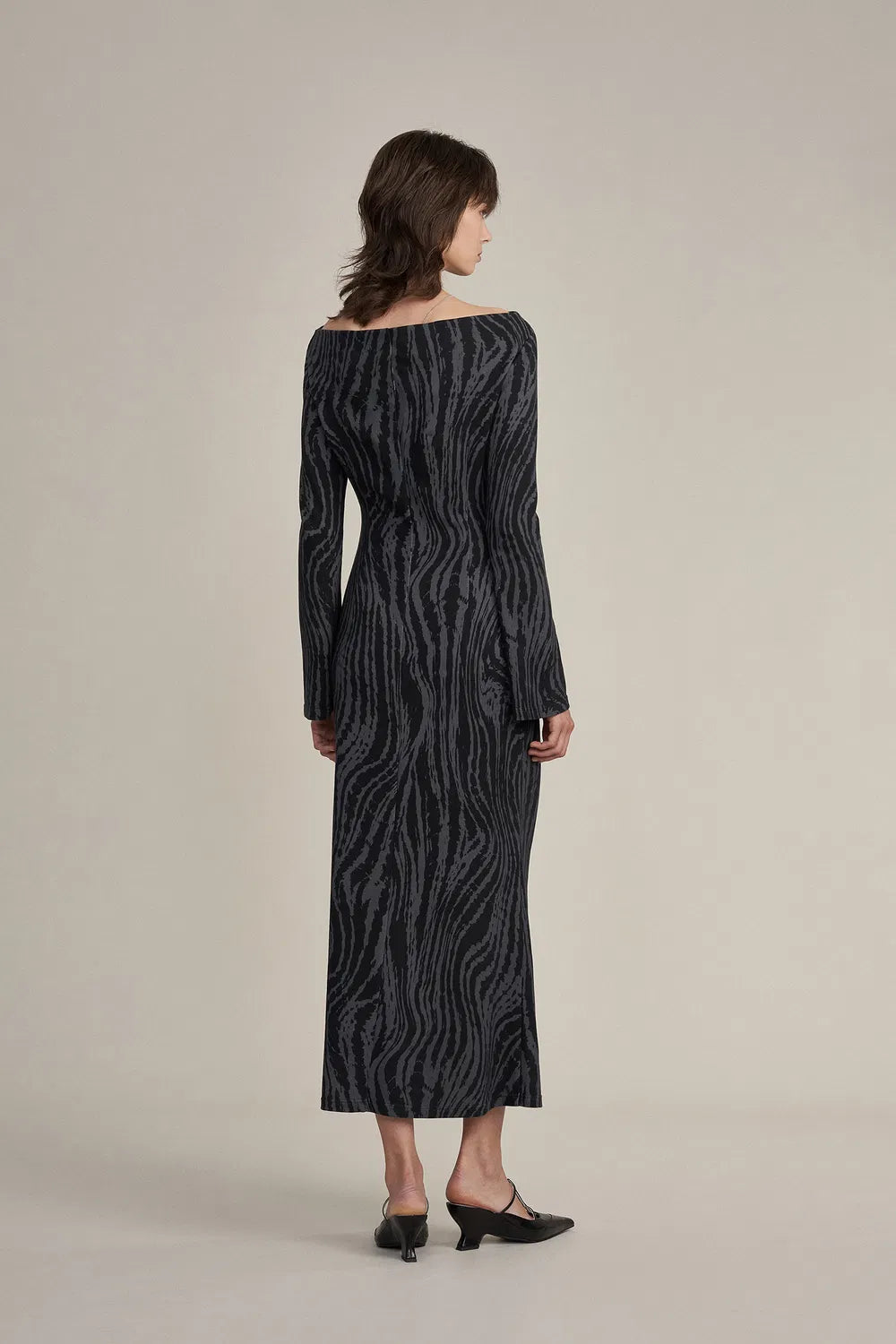 Elise Boat Neck Pleated Dress in High-Stretch Knit