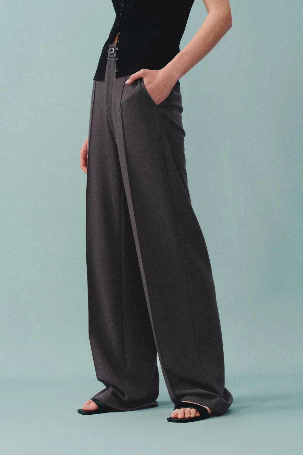 Domi Dark Grey Buttoned Straight Leg Sweatpants in Tencel-Wool Blend