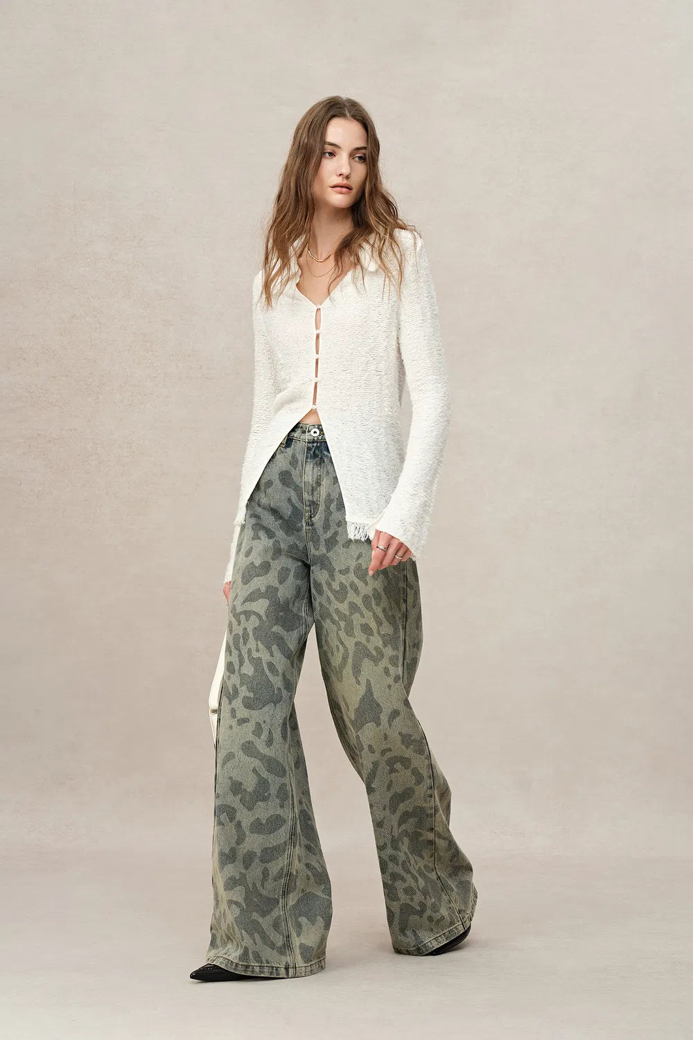 Leopix Leopard Print Wide Leg Jeans In Washed Cotton Denim