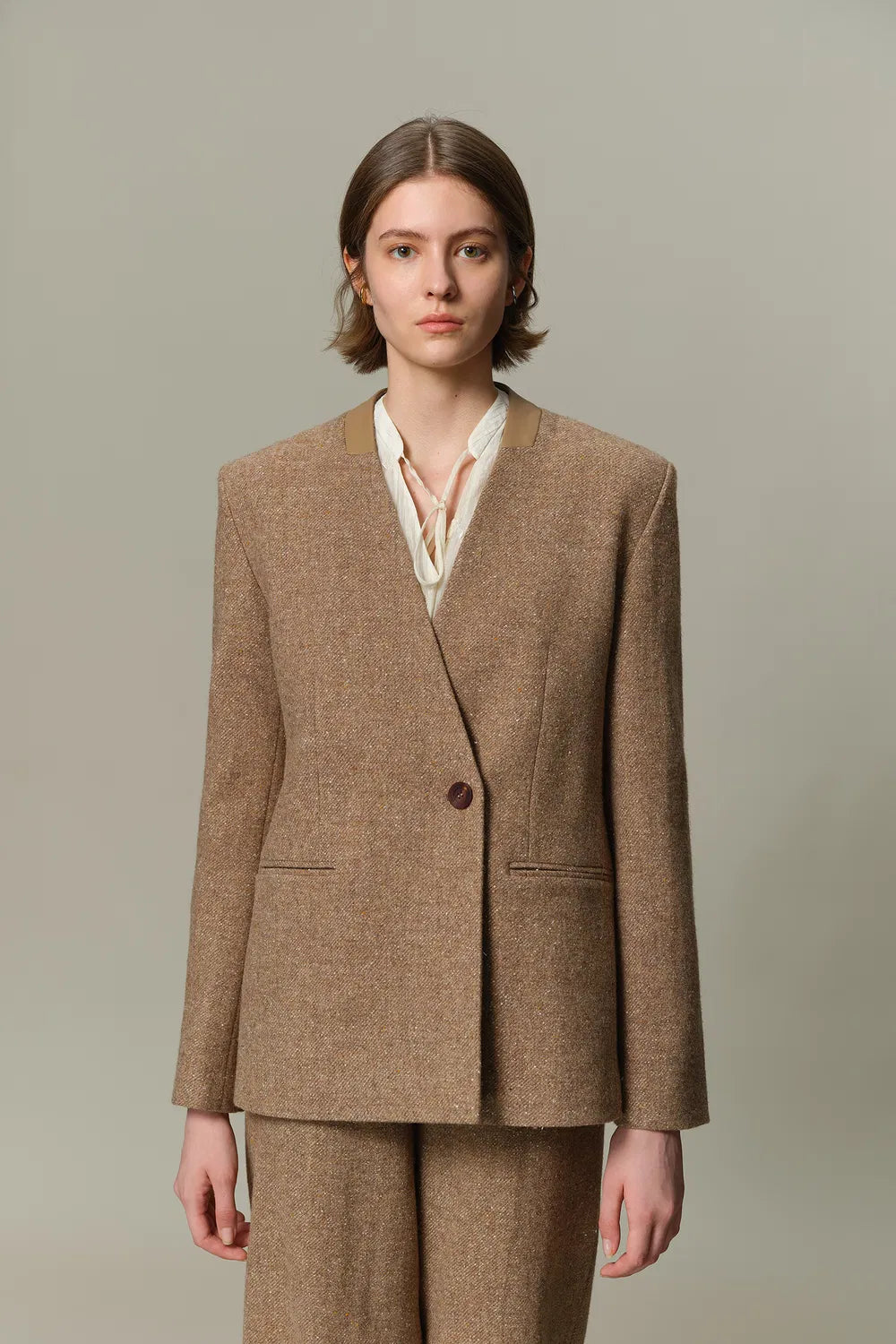 Eleanor Double Breasted Blazer in Flecked Wool Twill