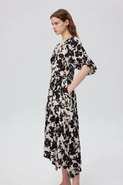 Milla Asymmetric Hem Flora Printed Dress in Tencel Linen Blend