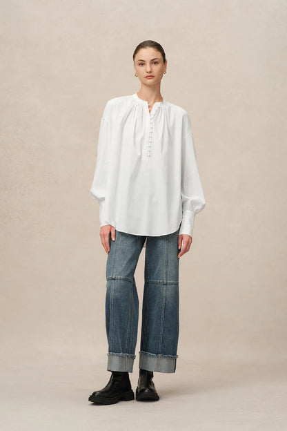 Lila Stand Collar Blouse in Tencel-Cotton