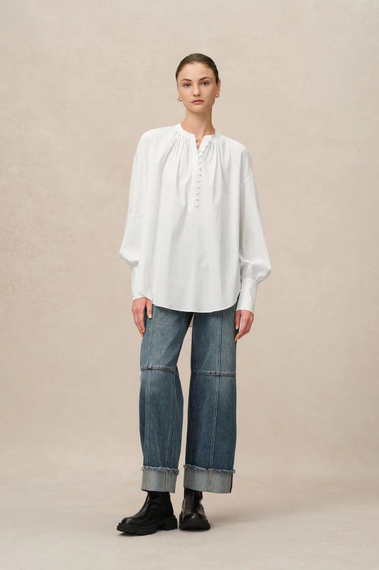 Lila Stand Collar Blouse in Tencel-Cotton