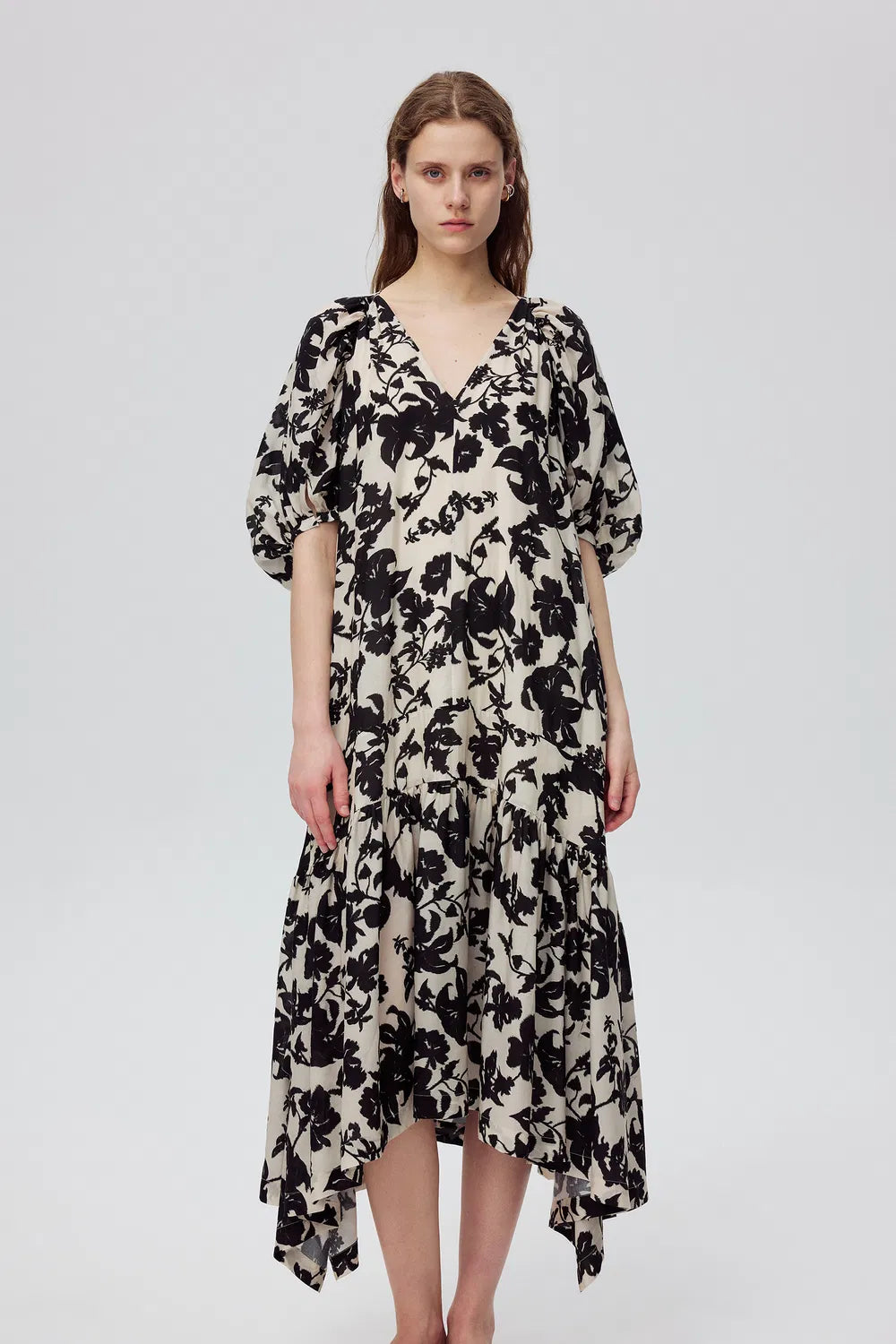 Milla Asymmetric Hem Flora Printed Dress in Tencel Linen Blend