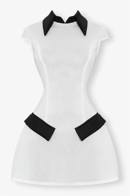 Adela Kap Kol Kontrast Polyester Mini Elbise