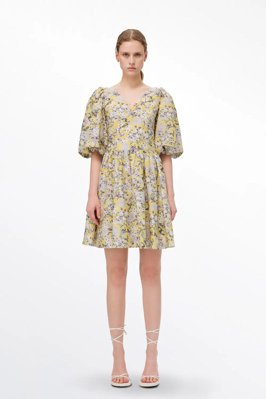 Hyacinth Flora Print Puff Sleeve Dress in Mulberry Silk Blend