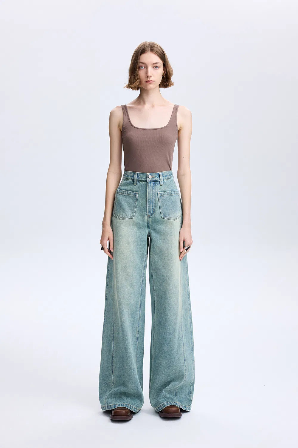 Cheer Patch Pocket Wide Leg Jeans in Washed Cotton Denim