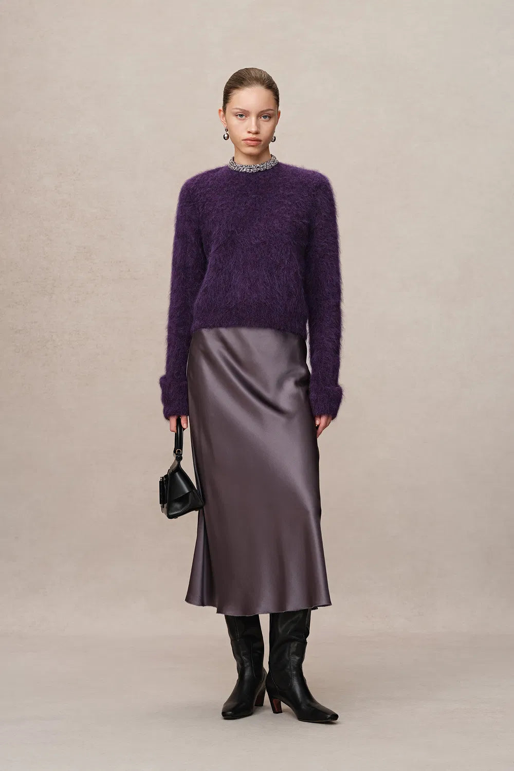 Violet Hand Sewn Crystal Stand Collar Sweater in Alpaca-Mohair Knit