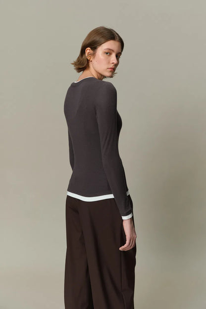 Henley Layered Long Sleeve Top in Tencel-Wool Knit