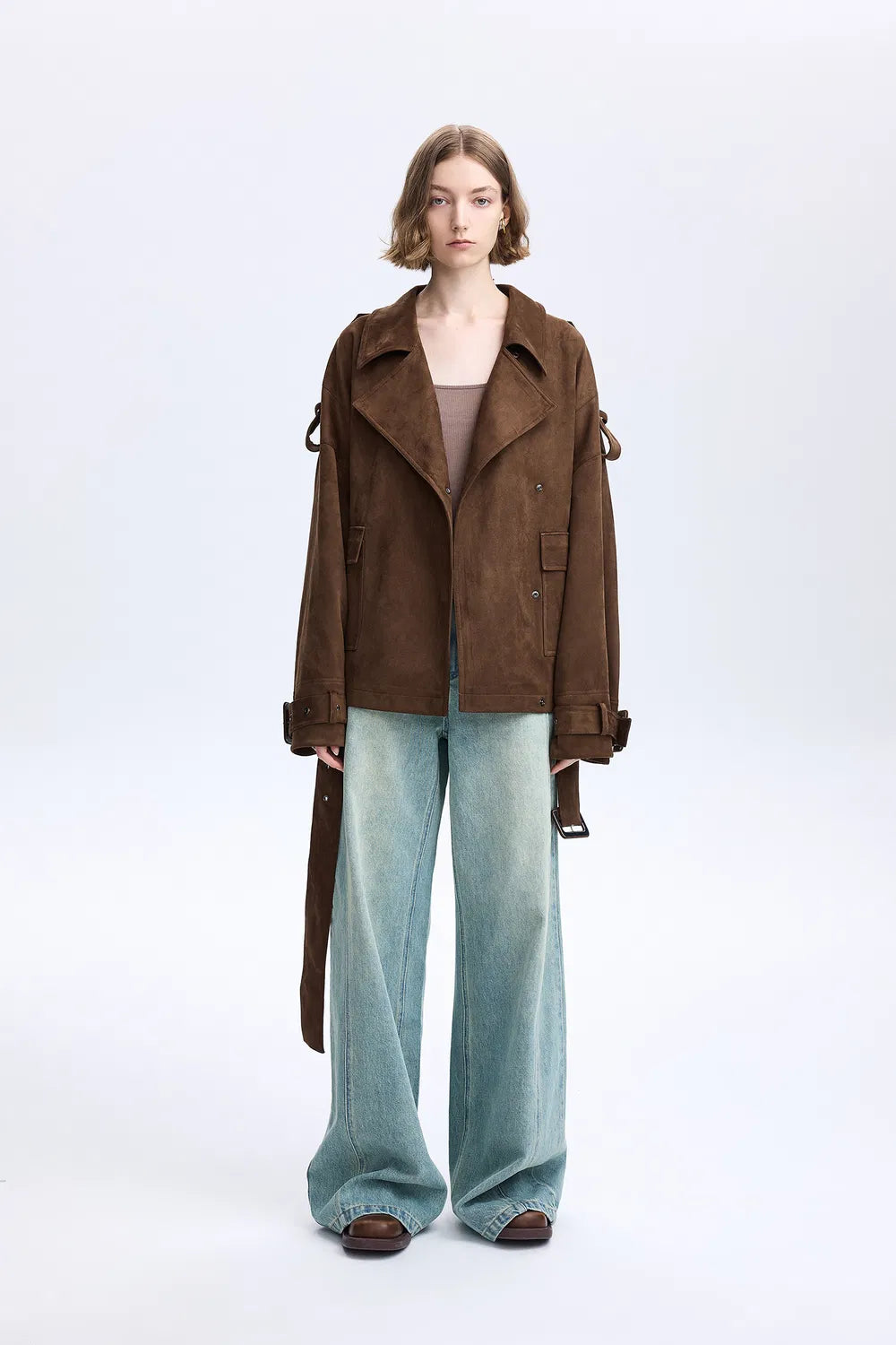 Hilda Short Trench in Lightweight Faux Suede