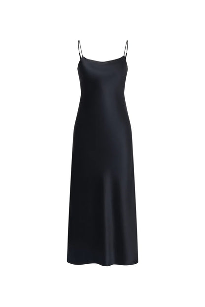 Emma Black Strap Dress in Premium Silky Satin