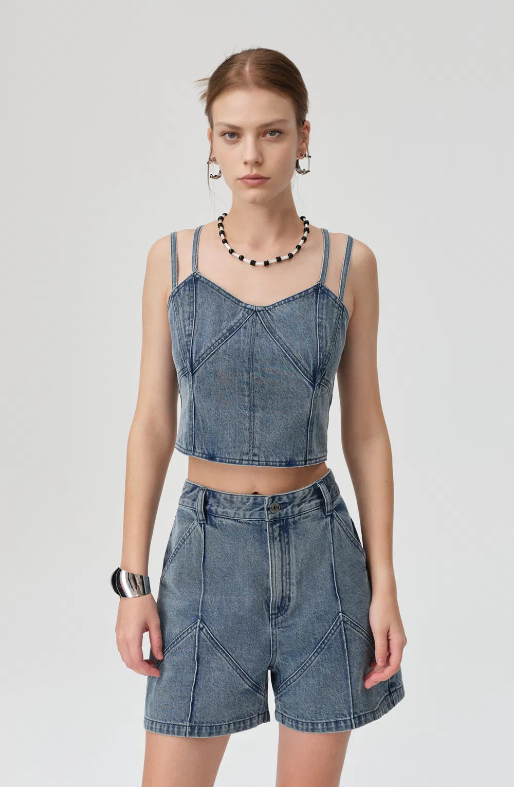 Zoe Duo Strap Patchwork Top in Tencel Lyocell Denim