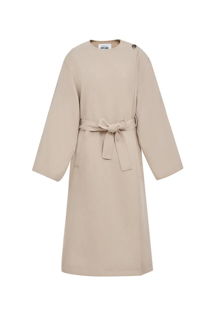 Hilda Single Button Collarless Trench in Wool Fine Twill