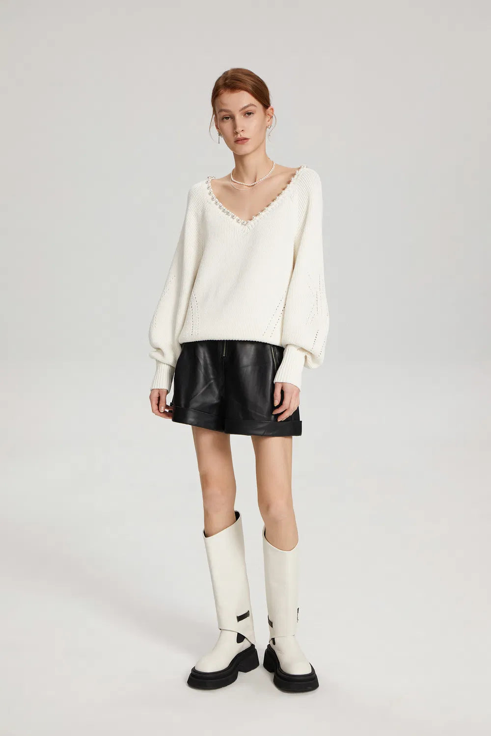 Cassidy Pearl-Embellished Knit Sweater in Cotton Blend