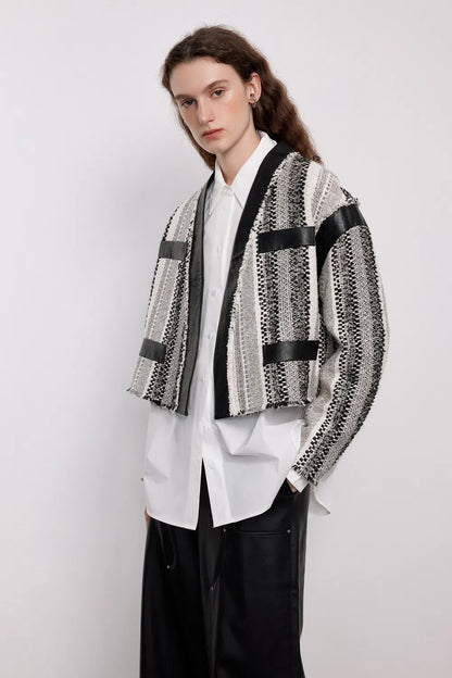 Zhupan Leather-Trimmed Short Coat in Italian Striped Jacquard Tweed