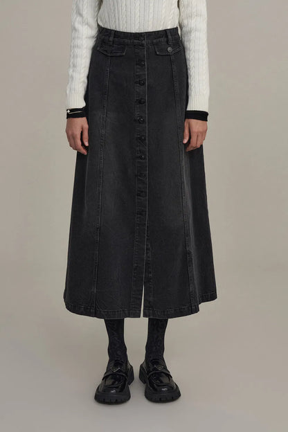 Corrine Midi Skirt in Washed Cotton Denim