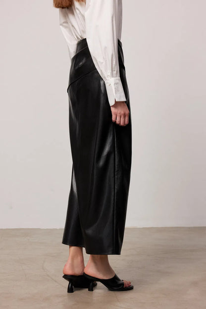 Leona Pleated Slit Skirt in Vegan Leather