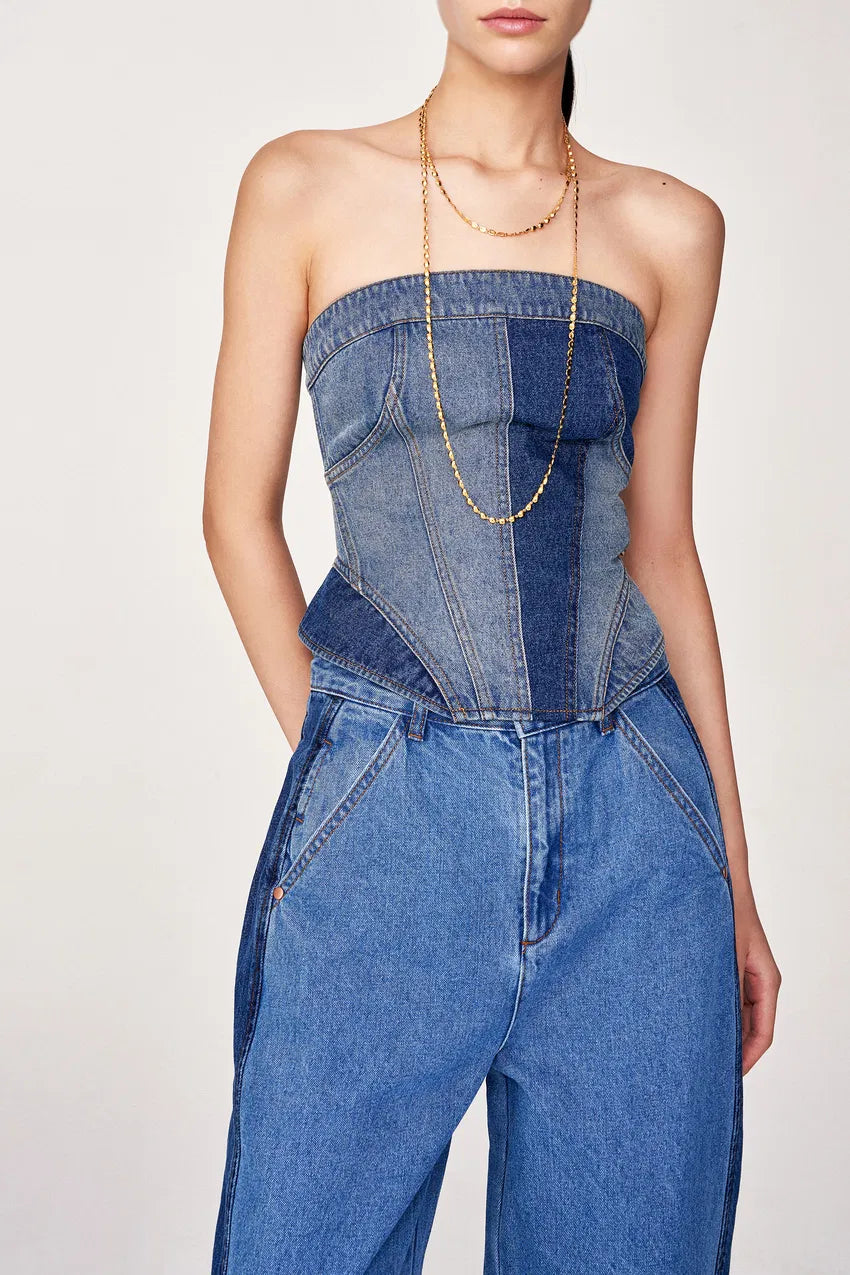 Calypso Patchwork Bustier in Cotton Denim