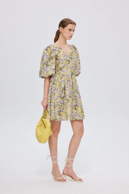 Hyacinth Flora Print Puff Sleeve Dress in Mulberry Silk Blend