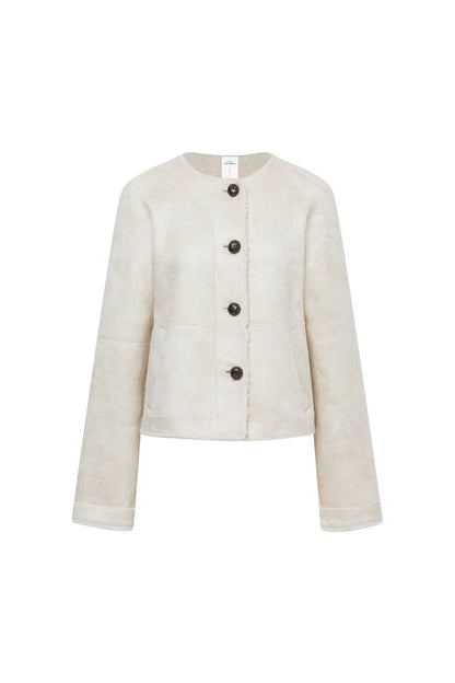 Arran Hand Braided Leather Button Short Coat in Faux Sheepskin