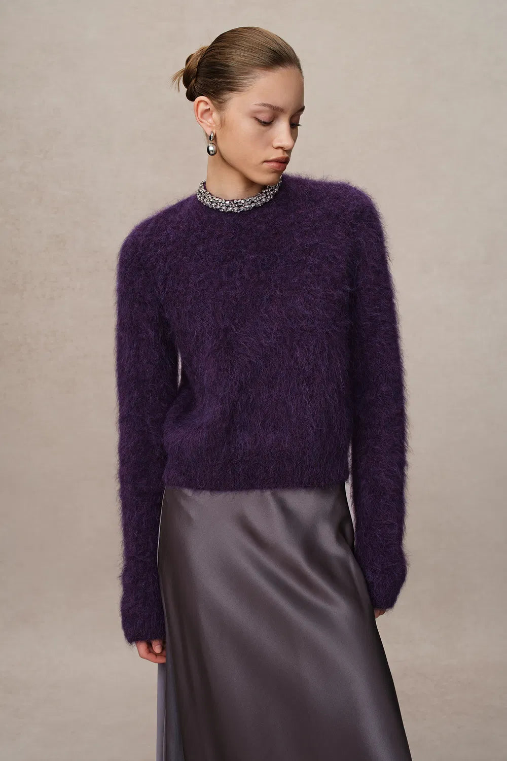 Violet Hand Sewn Crystal Stand Collar Sweater in Alpaca-Mohair Knit